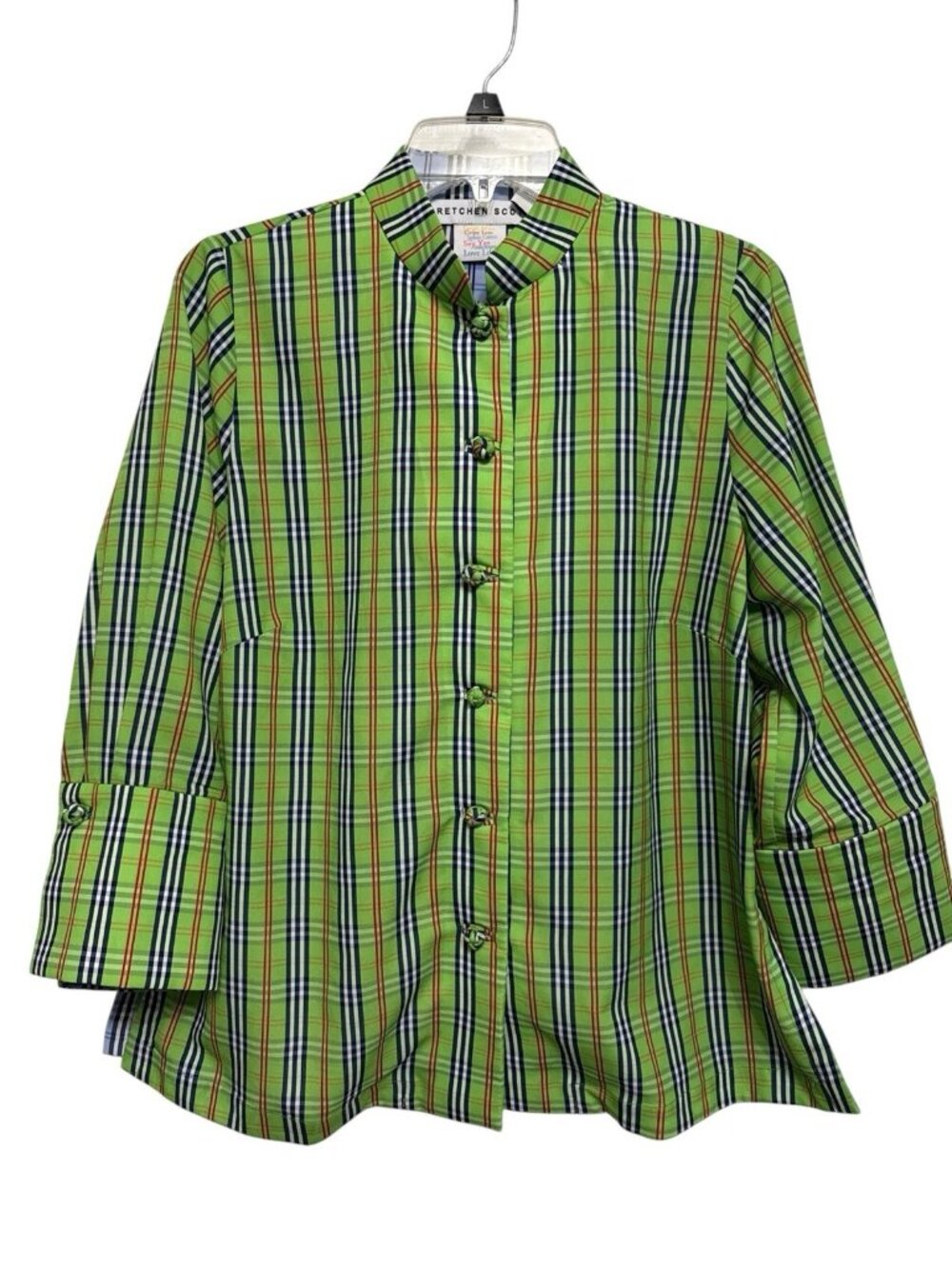 Gretchen Scott Green Plaid Mock Neck Button Front Blouse Size Medium 3/4 Sleeves